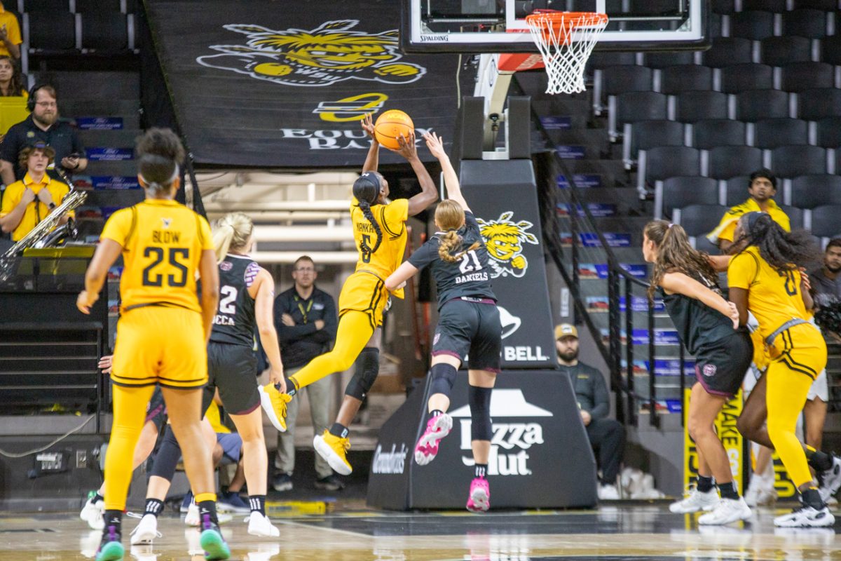 Senior forward Ornella Niankan attempts a contested layup in the second quarter against Missouri State. The Shockers lost, 82-77.