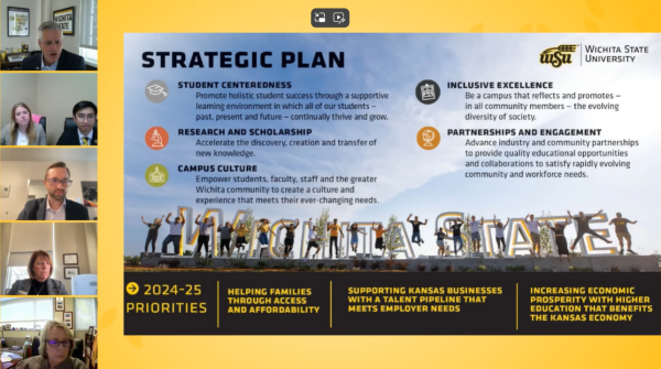 University President Richard Muma discusses progress on Wichita State's strategic plan at the October 2024 student town hall. Students submitted questions for university leadership, who provided updates on construction, Diversity, Equity and Inclusion, and campus safety.