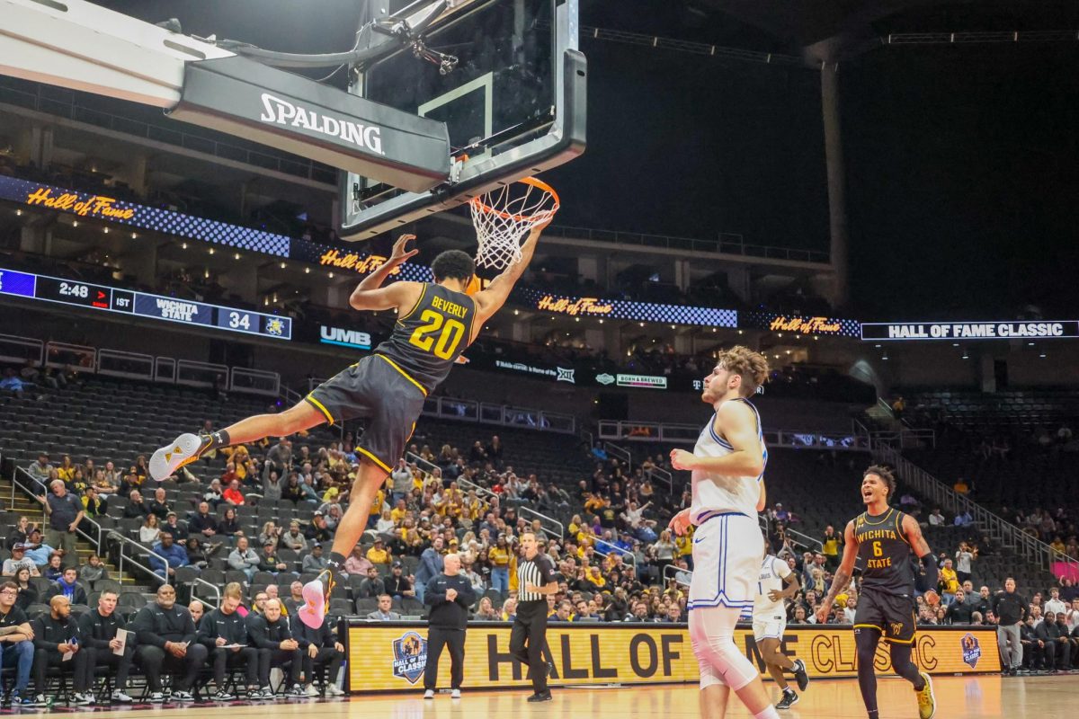 Redshirt senior guard Harlond Beverly throws down a dunk in the first half against Saint Louis. The Shockers beat the Billikens in Kansas City, 88-63.
