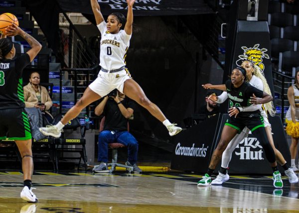 Graduate student guard Taylor Jameson jumps in order to block a pass by North Texas. Jameson had one steal in the WSU loss.