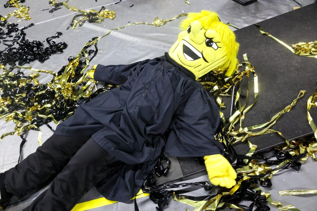 WuShock makes snow angles in yellow and black streamers following the conclusion of the 2024 Fall Commencement ceremony.