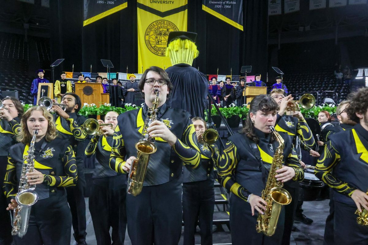 The Shocker Sound Machine performs the school fight song at the end of the 2024 Fall Commencement ceremony on Dec. 15.