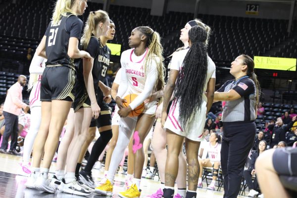 UAB players surround Wichita State forward Ornella Niankan during their Jan. 25 game. The Shockers dropped their matchup against the Blazers in overtime, 76-73.