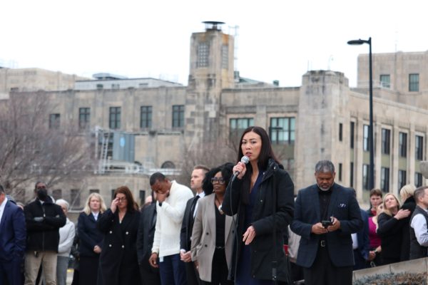 Wichita Mayor Lily Wu speaks to Wichita crowd during prayer vigil. The vigil was held on Thursday Jan. 31 to mourn victims of the 5342 flight.