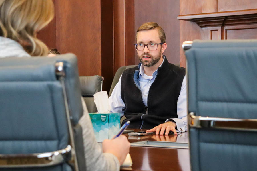 Chief of Staff and Executive Director of Government Relations Zach Gearhart delivers an update on the Kansas Legislatures' most recent decisions on Jan. 17. Gearhart shared that Kansas Governor Laura Kelly's proposed budget plan for the 2026 fiscal year includes $52 million in new funding for higher education institutions like Wichita State.