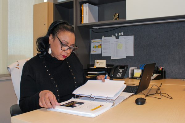 Denise Sherman works in her office at Woolsey Hall on Jan. 23.