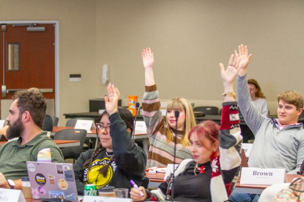 SGA Senators raise their hands for a vote. (File photo)