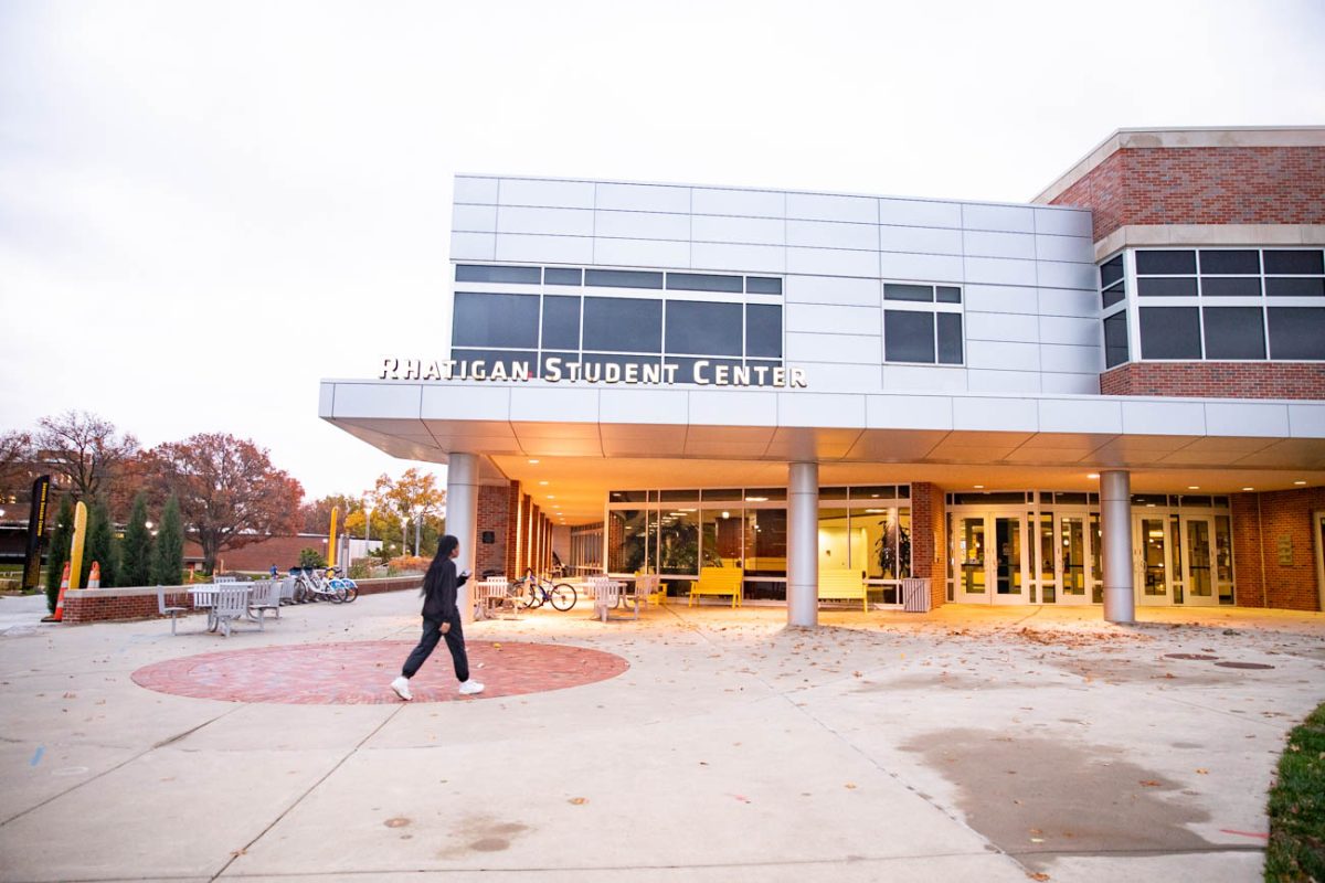 A student walks to the Rhatigan Student Center on Wichita State's campus in November. 