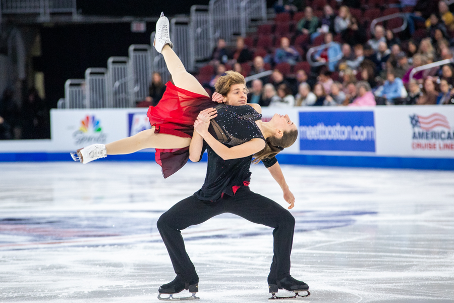 Gage Brown lifts and carries Oona Brown during the U.S qualifying competition. The siblings earned a total score of 193.37.