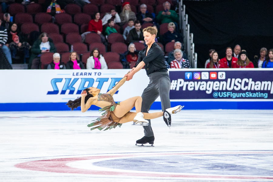 Madison Chock and Evan Bates complete a spin during the free dance competition at the 2025 Prevagen US Figure Skating Championships on Jan. 25. The pair won their sixth U.S. ice dance title.