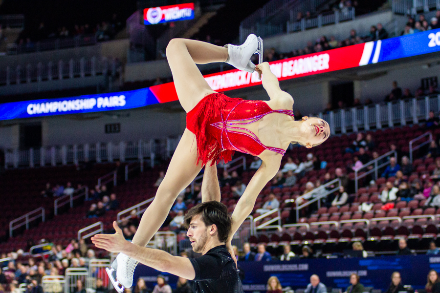 Linzy Fitzpatrick and Keyton Bearinger spin on the ice together during the 2025 U.S. Figure Skating Championships. The duo placed 12th with a final score of 44.25 in the Championship Pairs competition.