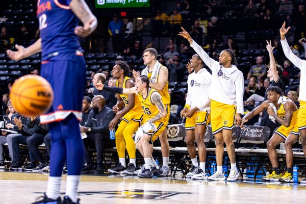 The Shockers celebrate after a 3point shot in the second half on Feb. 12. Wichita State beat the UTSA Roadrunners, 69-64, for its third straight win.