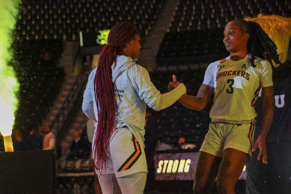 Junior guard Princess Anderson daps up freshman guard KP Parr before a game against Rice. The game against the Owls on Feb. 15 was Anderson's first-ever start as a Shocker.