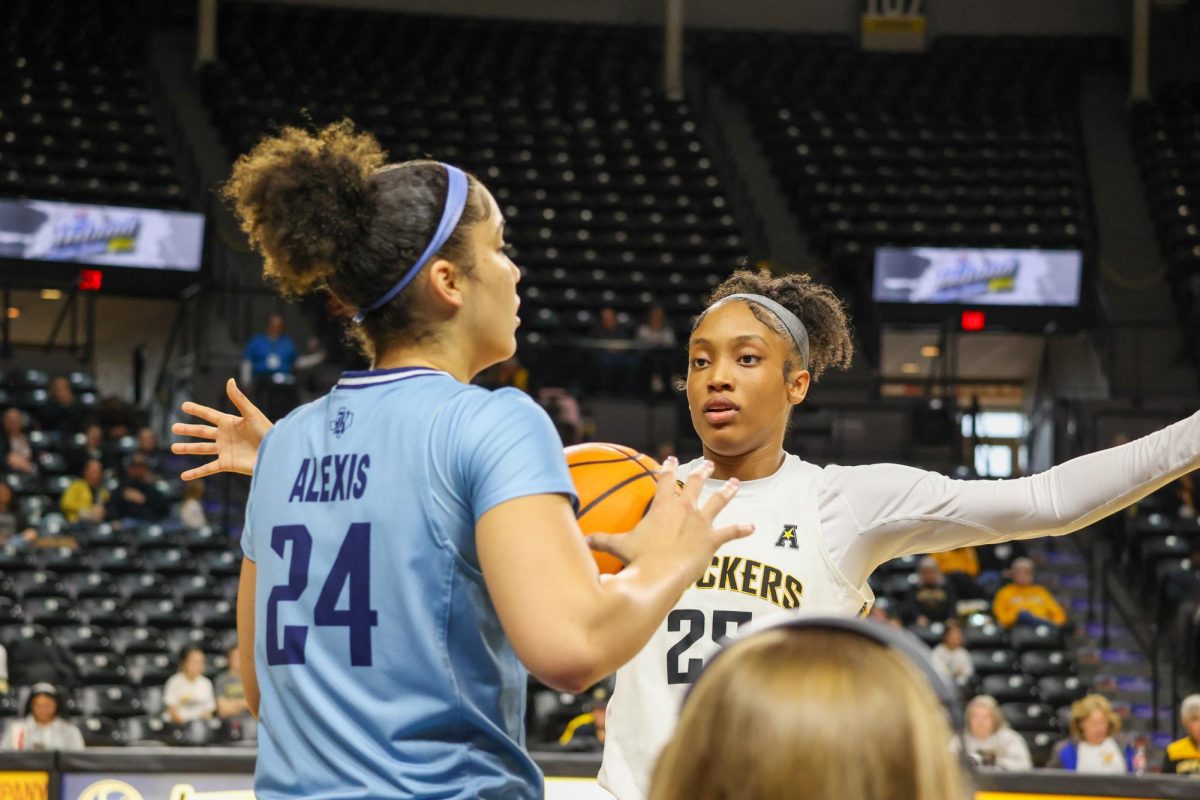 Sophomore guard Salese Blow guards an inbound pass on Feb. 15. The Shockers forced 17 turnovers against Rice University.