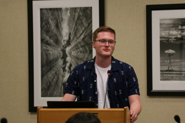 Senator Patrick Murphy speaks during public forum during Wednesday's SGA meeting. Murphy expressed concerns with The Sunflower's review on the WSU production of 'Spring Awakening.'