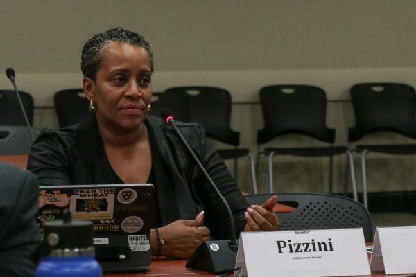 Senator Cynthia Pizzini voices her opinion on the Accommodations and Professor Accountability resolution
during a senate meeting on Wednesday, March 12. Pizzini spoke in favor, saying it would help students.