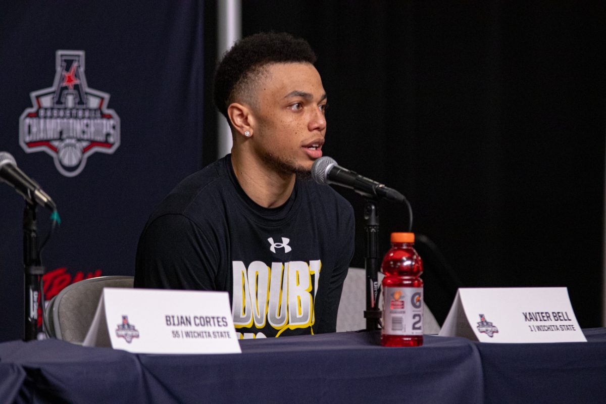 Senior Xavier Bell answers questions in the press conference after playing Memphis in the AAC Championship quarterfinals round. The Shockers were eliminated from the tournament with the 83-80 loss.
