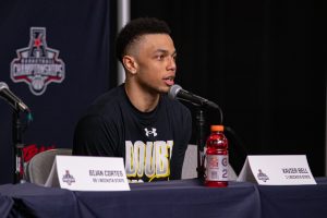Senior Xavier Bell answers questions in the press conference after playing Memphis in the AAC Championship quarterfinals round. The Shockers were eliminated from the tournament with the 83-80 loss.