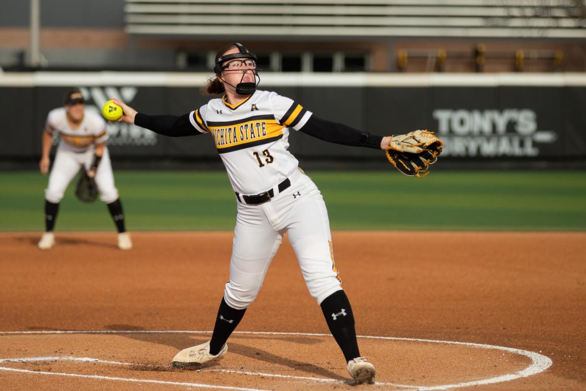 Freshman Ryley Nihart pitches against South Florida on March 28 in Wilkins Stadium. Nihart helped the Shockers achieve a 9-4 win against the Bulls in the first game of their weekend series.