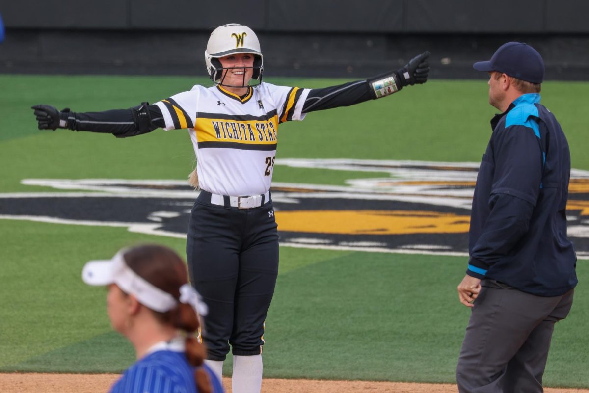 Freshman outfielder Brookelyn Livanec dances after hitting a leadoff double in the seventh inning on March 2. Livanec later crossed home plate in the inning.