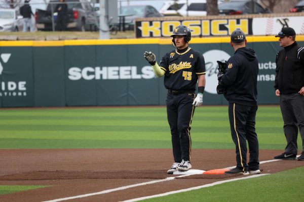 Senior Josh Livingston celebrates hitting a game tying single against Missouri State. Livingston has seven RBIs so far this season for the Shockers.