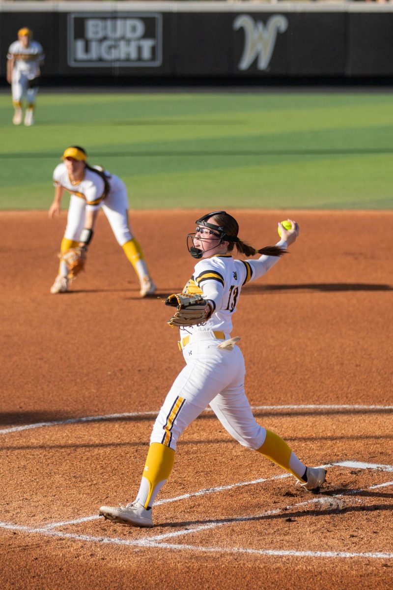 Freshman Ryley Nihart pitches in the first game of a three-game series against East Carolina University on April 11. Nihart led the Shockers to a 11-2 victory.