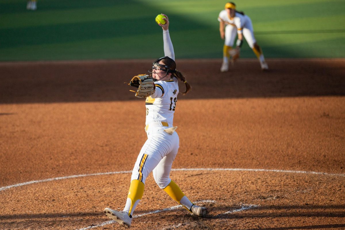 Freshman Ryley Nihart pitches in the first game of a three-game series against East Carolina on April 11. Nihart led the Shockers to a 11-2 victory.