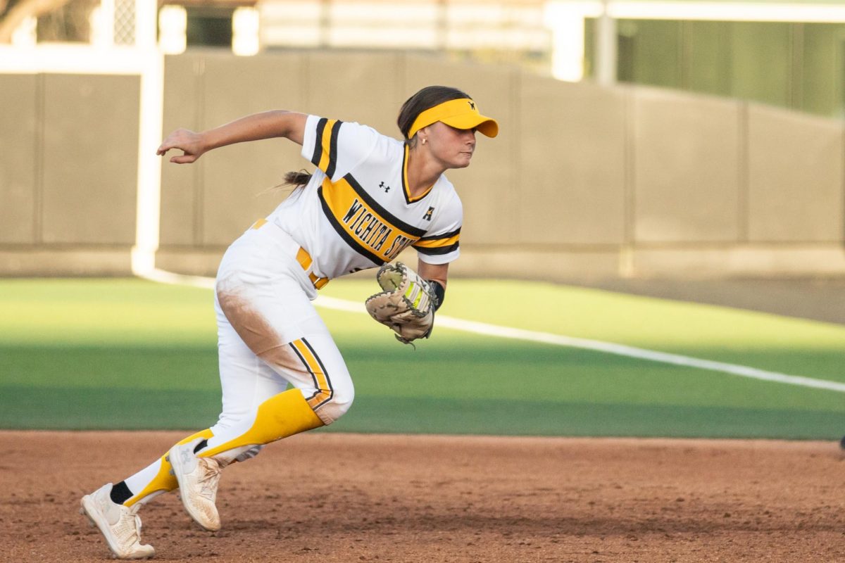 Senior Camryn Compton sprints toward first base after catching an East Carolina ball. Compton secured two RBIs for the Shockers on April 11.