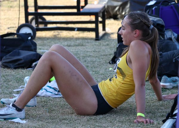 Senior Audrey Parson rests after running the women's 800 meters on April 11. Parson was WSU's second fastest runner in the women's 800 at the KT Woodman Classic.