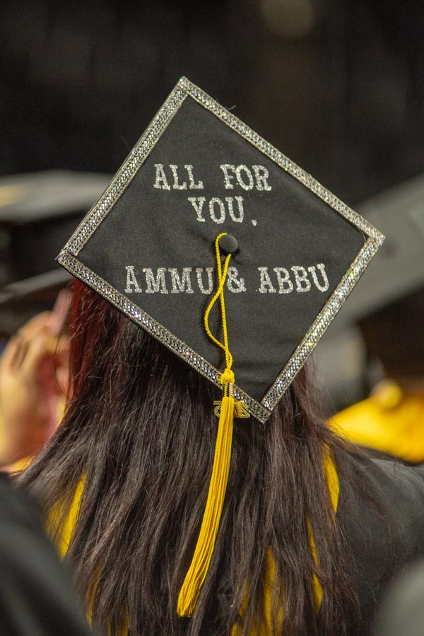 Students decorated their graduation caps for the 2025 spring commencement.