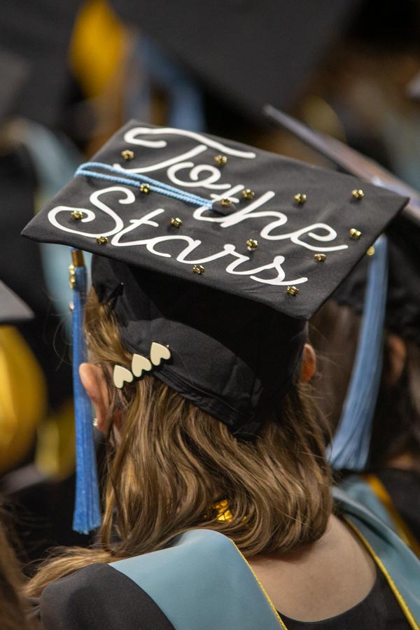 Students decorated their graduation caps for the 2025 spring commencement.