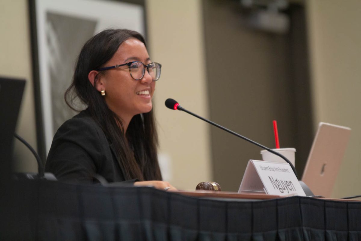 Student Body Vice President Amy Nguyen leads the first SGA meeting of the 68th Session.