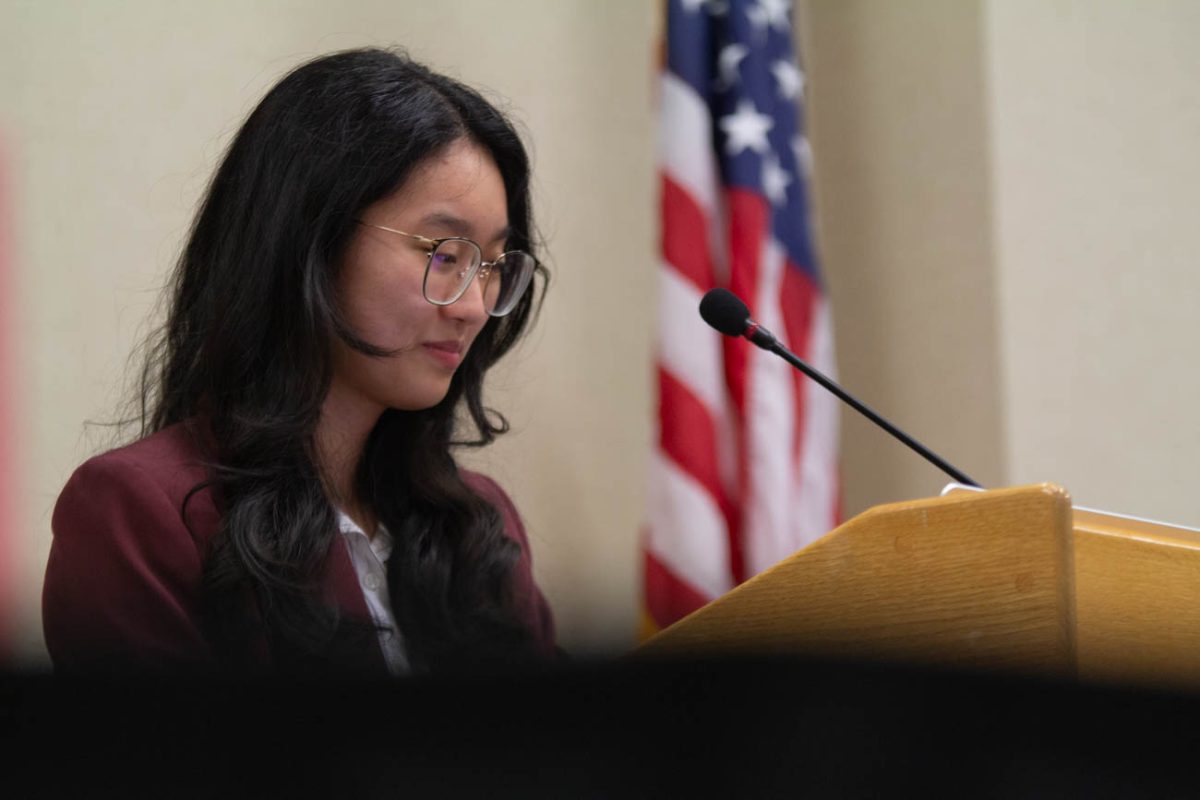 Student Body President Jia Wen Wang addresses the SGA senate in the first meeting of the 68th Session. The April 30 meeting was Wang's very first as acting student body president.
