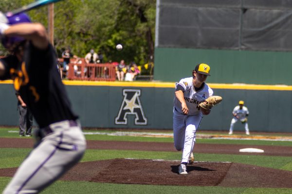 Sophomore Brady Hamilton pitches ball against East Carolina on May 3. The Pirates won, 6-1, against the Shockers.