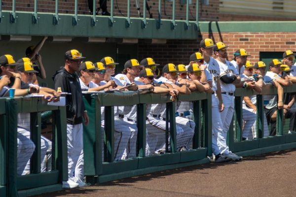 The Shockers' bench watches their teammates play against the East Carolina Pirates on May 3. WSU lost the game, 6-1.