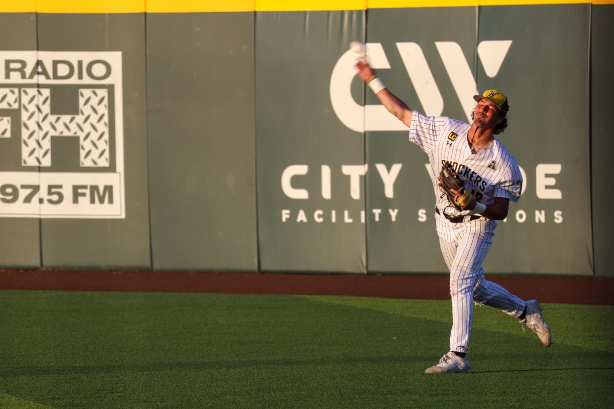 Senior Jordan Rogers throws the ball from the outfield against Oral Roberts. Rogers made two putouts in the 13-9 win on May 13.