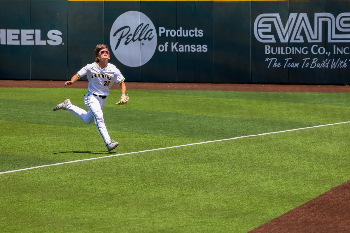 Sophomore Gannon Snyder tries to run down a fly ball against Memphis on May 17. Snyder missed the catch and the ball landed harmlessly in foul territory.