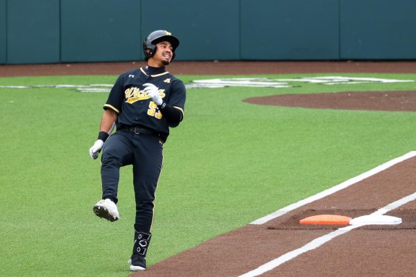 Sophomore Kaleb Duncan kicks the air after being called out against BYU. Duncan went hitless in the game on May 6.
