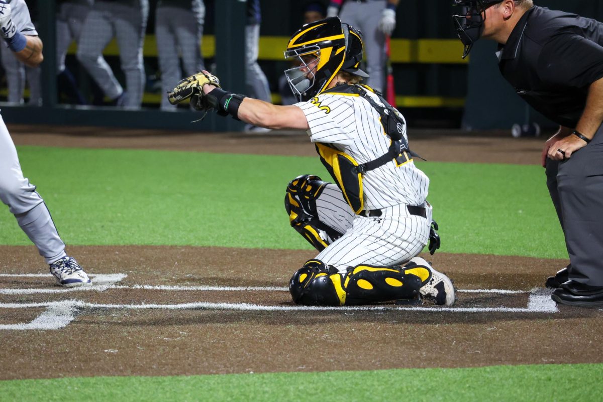 Senior Cole Dillon frames a pitch on May 13. The Shockers struck out eight Oral Roberts batters in the 13-9 win.