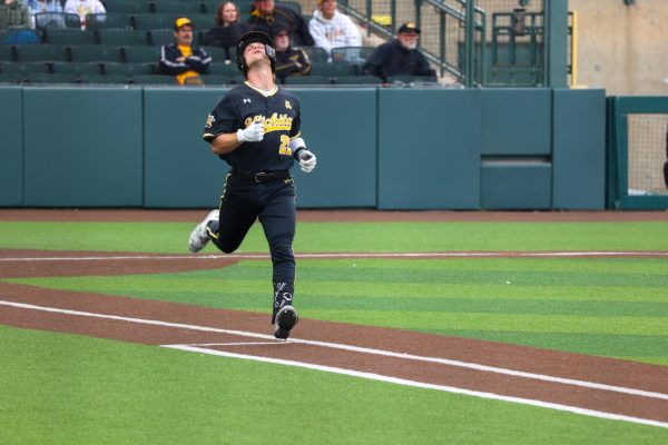 Senior Cole Dillon looks up after lining out and leaving the bases loaded against BYU. Dillon went 1-4 in the 9-2 loss.