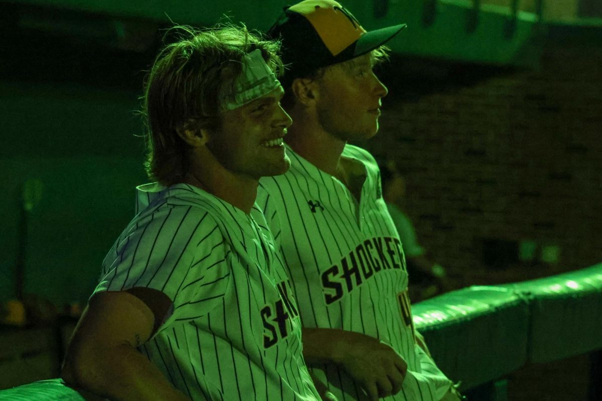 Seniors Cole Dillon and Jack Mount watch the firework show together on May 13. Dillon and Mount were the final batterymates for the Shockers in the 13-9 win over Oral Roberts.