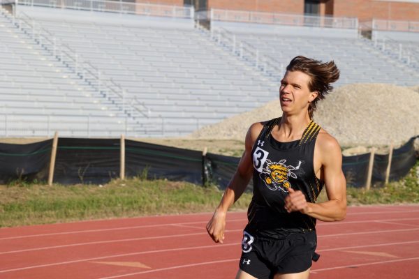 Sophomore Jacob Meyers makes the first turn of the men's 800-meter. Meyers ran time of 1:57.32 at the Shocker Open on May 9, good for second place.