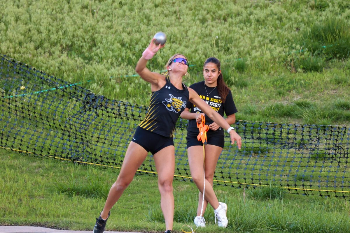 Sophomore Brianna Utecht throws the shot put during the Shocker Open. Utecht finished in fourth with a mark of 11.85 meters on May 9.