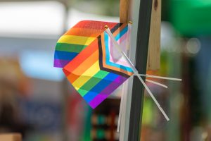 Miniature pride flags fly outside various vendors' tents at the Big Gay Market in June 2025. The event takes place annually in Wichita during pride month.