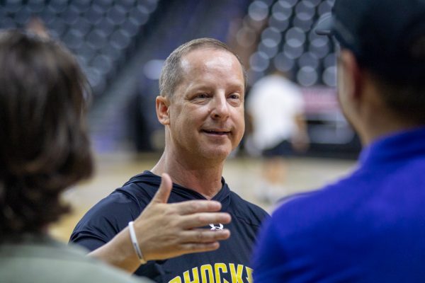 Wichita State head men's basketball coach Paul Mills talks with media on June 19. Mills has amassed a 34-34 record through his first two seasons as the Shockers' head coach.
