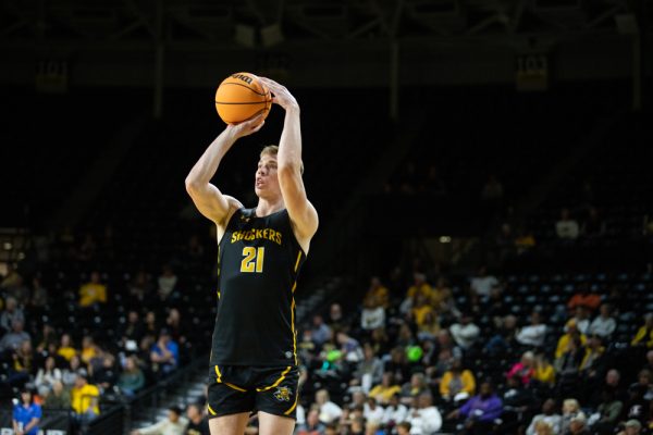 Freshman Henry Thengvall puts up a pair of points in the paint with a jump shot on Oct. 27, 2022, during Shocker Madness. (File photo)