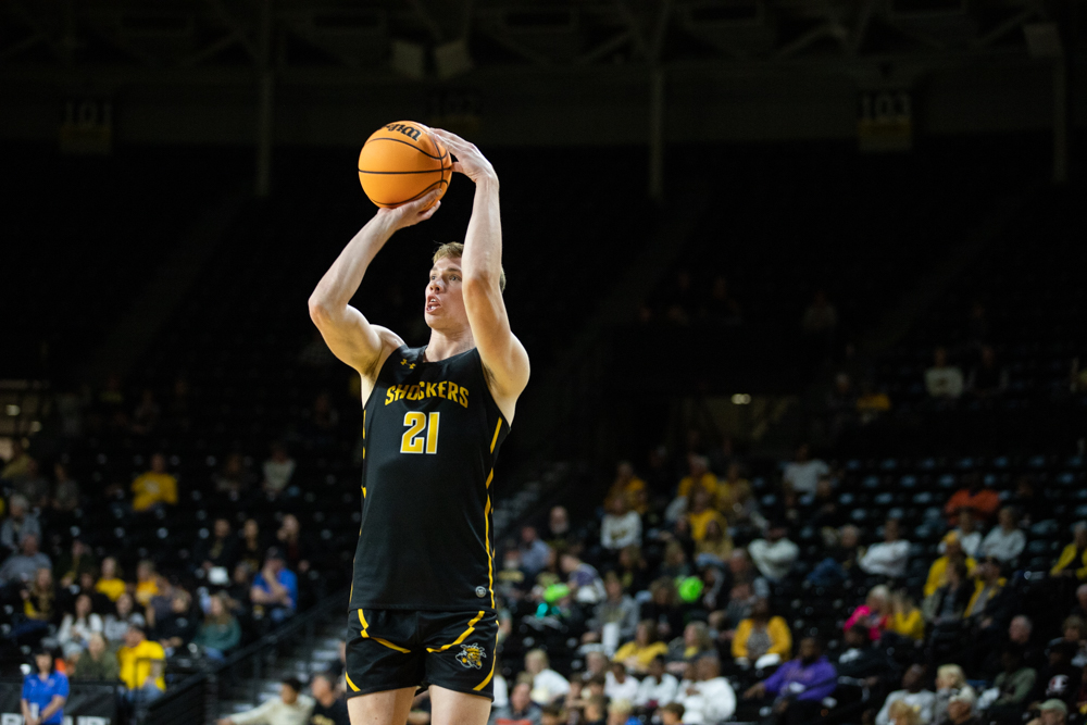 Freshman Henry Thengvall puts up a pair of points in the paint with a jump shot on Oct. 27, 2022, during Shocker Madness. (File photo)