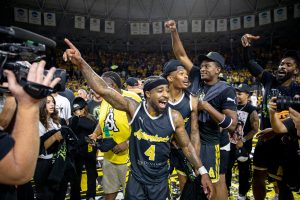 AfterShocks guard Marcus Keene points to the TBT bracket asking to celebrate the AfterShocks championship game win on Aug. 3. The AfterShocks had never played in the TBT championship.