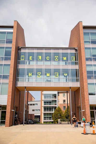 Shocker Hall displays a sign reading "Welcome Home" for incoming freshman students. Freshmen are required to live on campus or at home within the greater Wichita area.