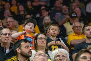 Kids dance during a Wichita State men's basketball game on March 2, 2024. The Shockers won their senior night game against Rice, 87-66. (File photo)